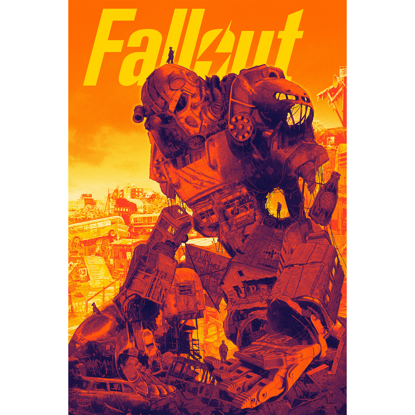 Promotional poster for 'Fallout' with a large robot and cityscape in the background.