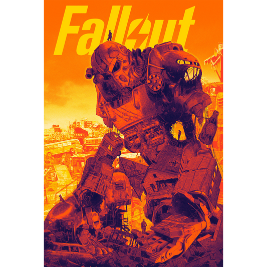Promotional poster for 'Fallout' with a large robot and cityscape in the background.