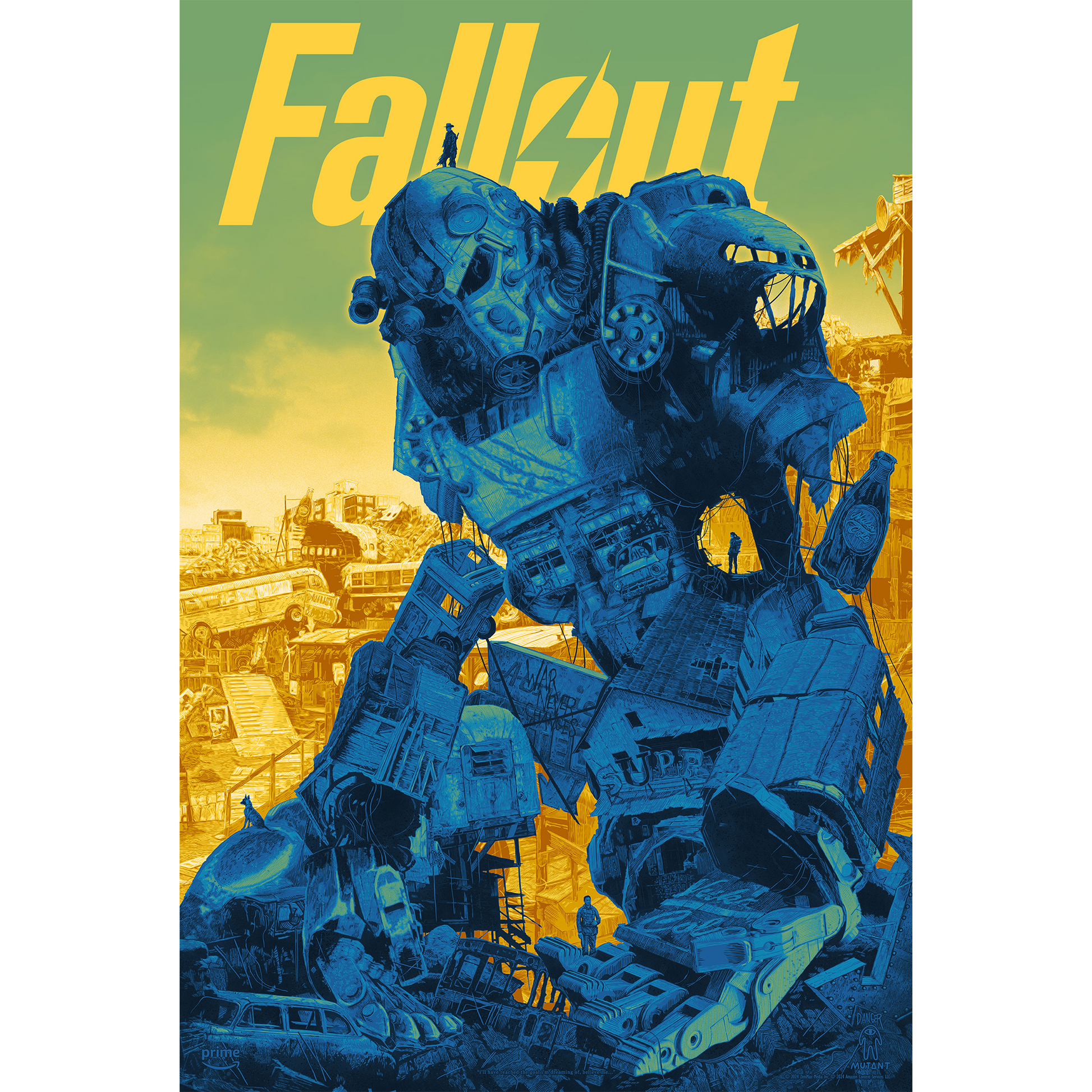 Poster of a large robot in a post-apocalyptic setting with 'Fallout' text.