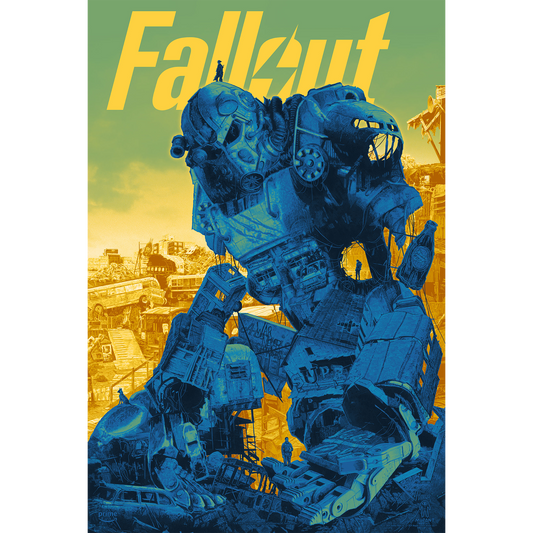 Poster of a large robot in a post-apocalyptic setting with 'Fallout' text.