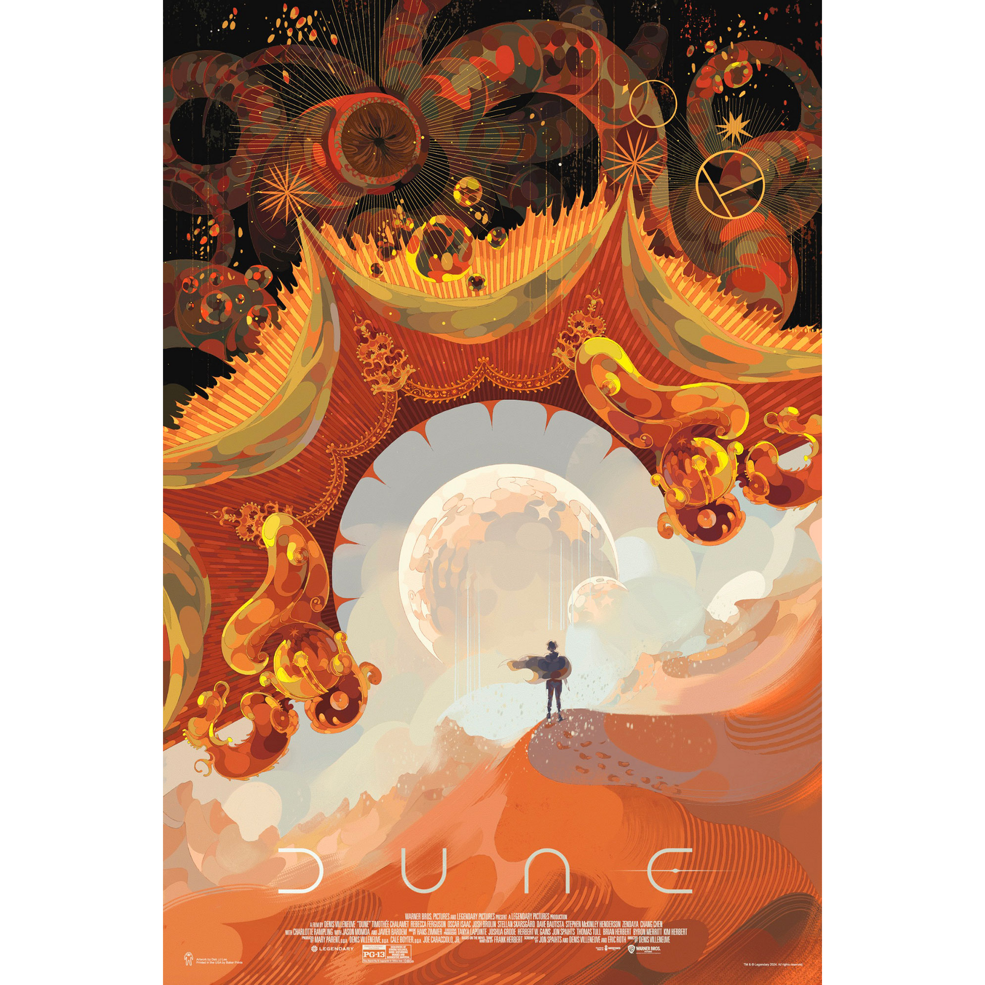 Artistic poster of 'Dune' with a futuristic landscape and character.