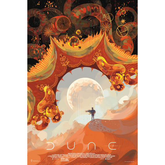 Artistic poster of 'Dune' with a futuristic landscape and character.