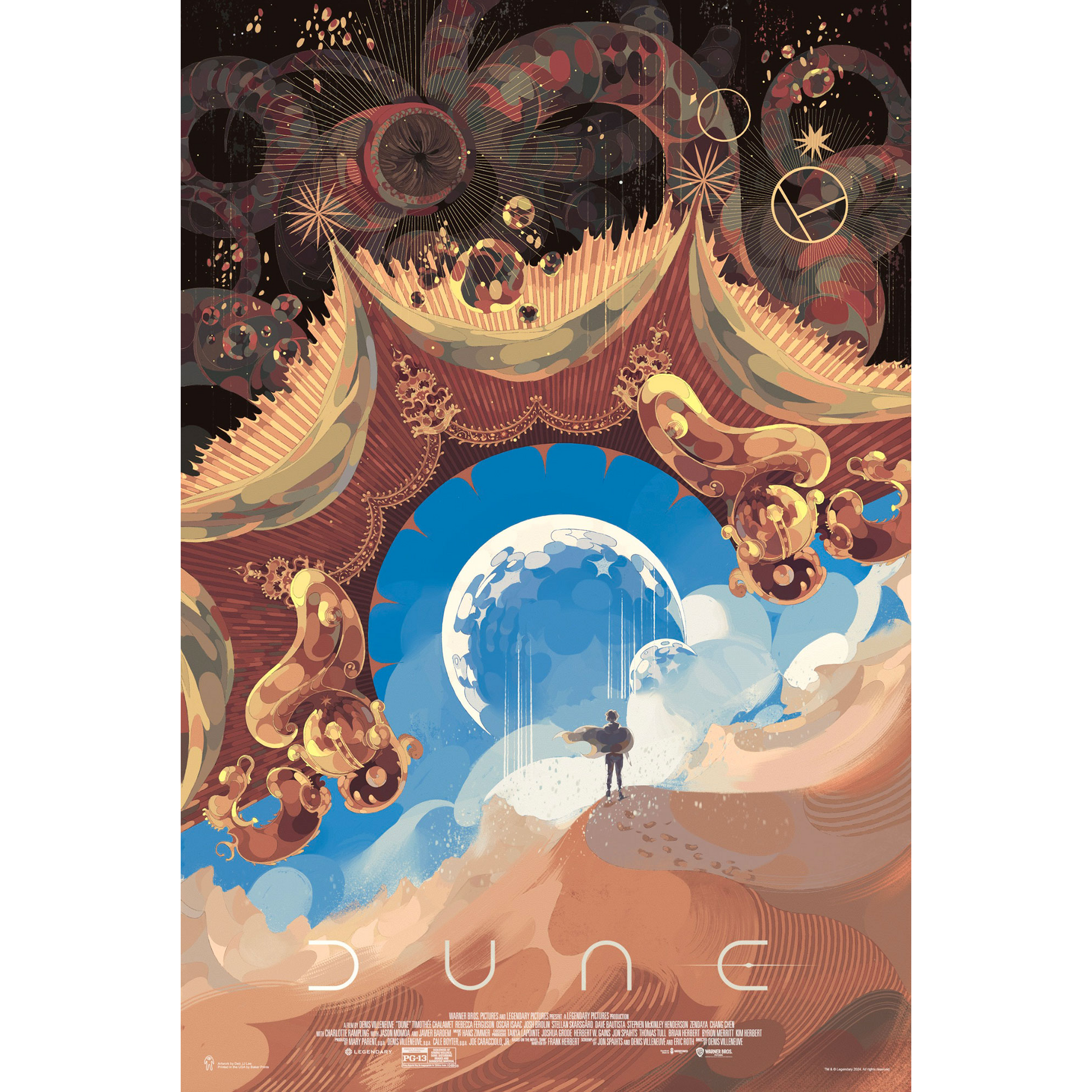 Artistic poster of 'Dune' with a futuristic landscape and character.
