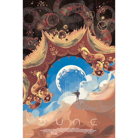 Artistic poster of 'Dune' with a futuristic landscape and character.
