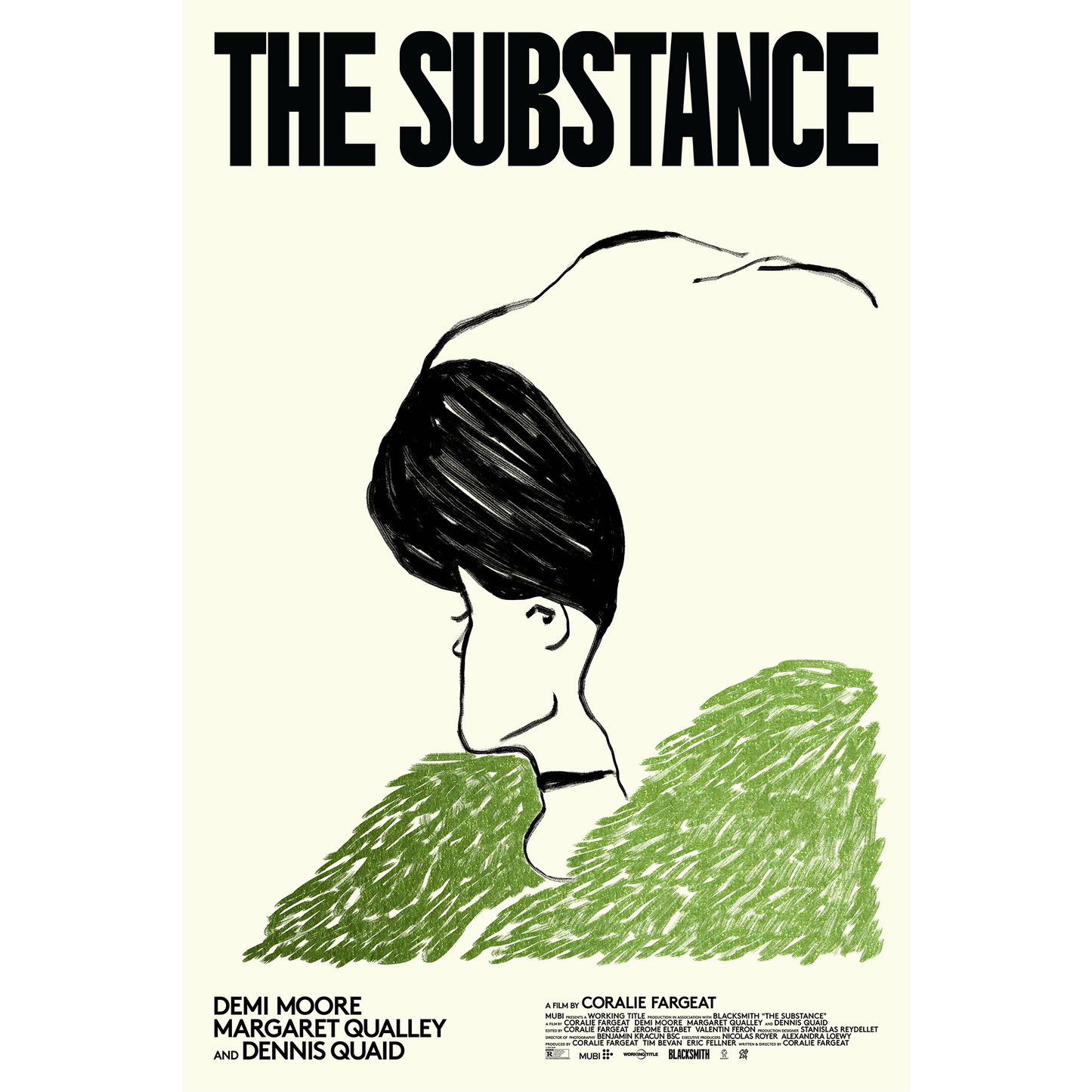 Movie poster for 'The Substance' with a stylized illustration of a woman's profile.