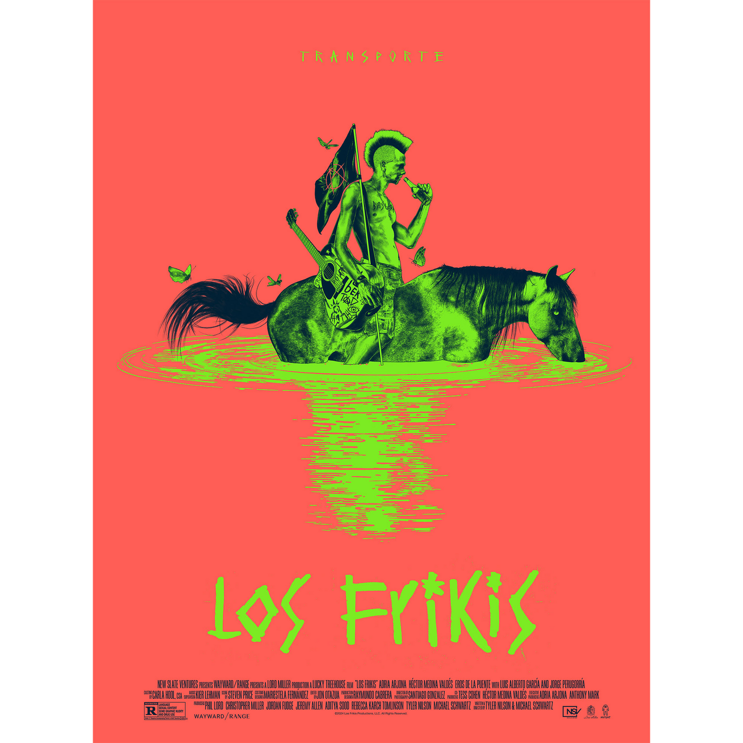 Poster with a green silhouette of a person on a horse against a red background, featuring the text 'Los Frikis'.