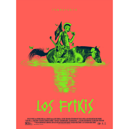 Poster with a green silhouette of a person on a horse against a red background, featuring the text 'Los Frikis'.