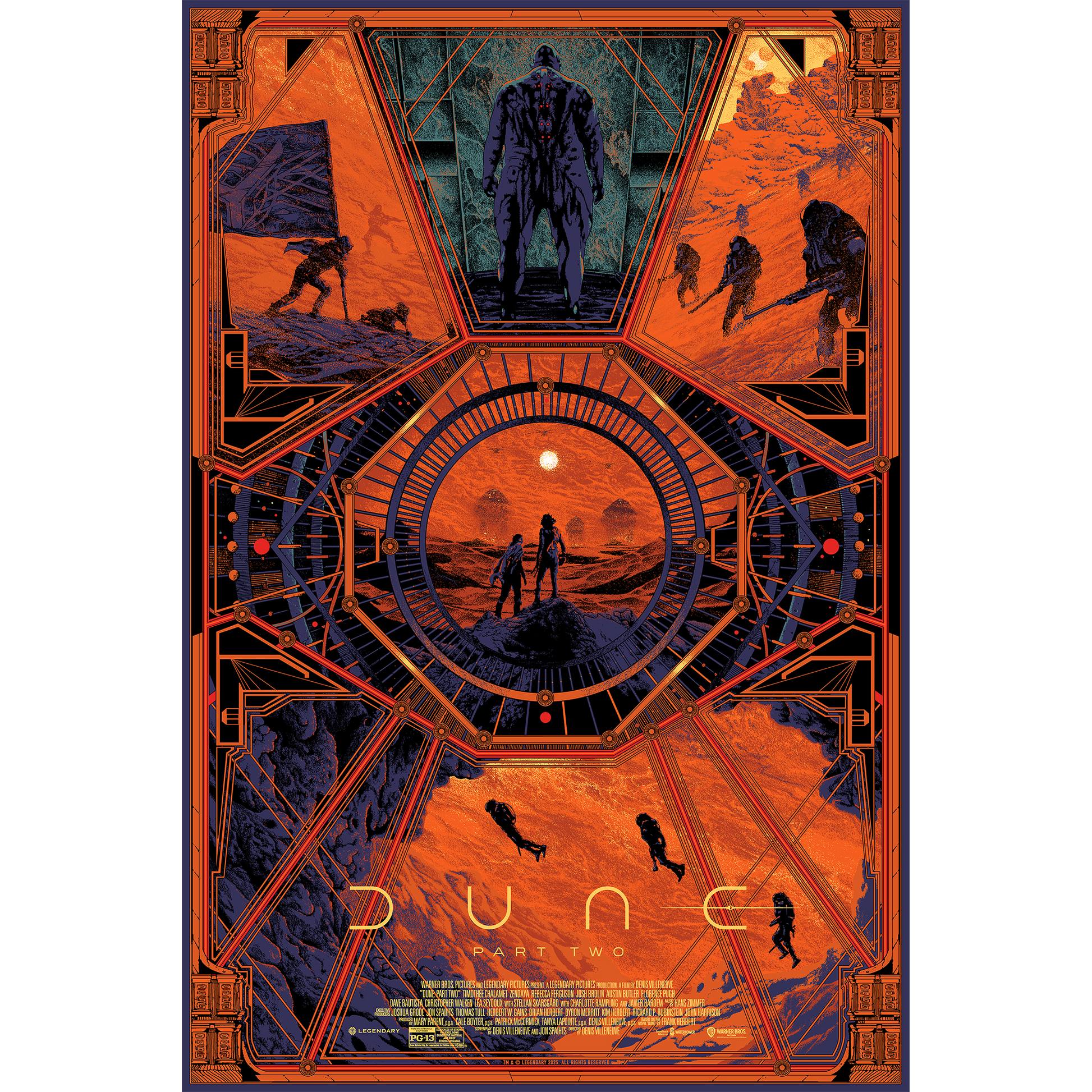Movie poster for 'Dune: Part Two' with intricate design and desert landscape.