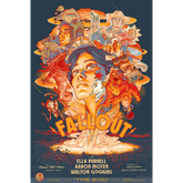 Colorful 'Fallout' book cover with characters and text on a dark background