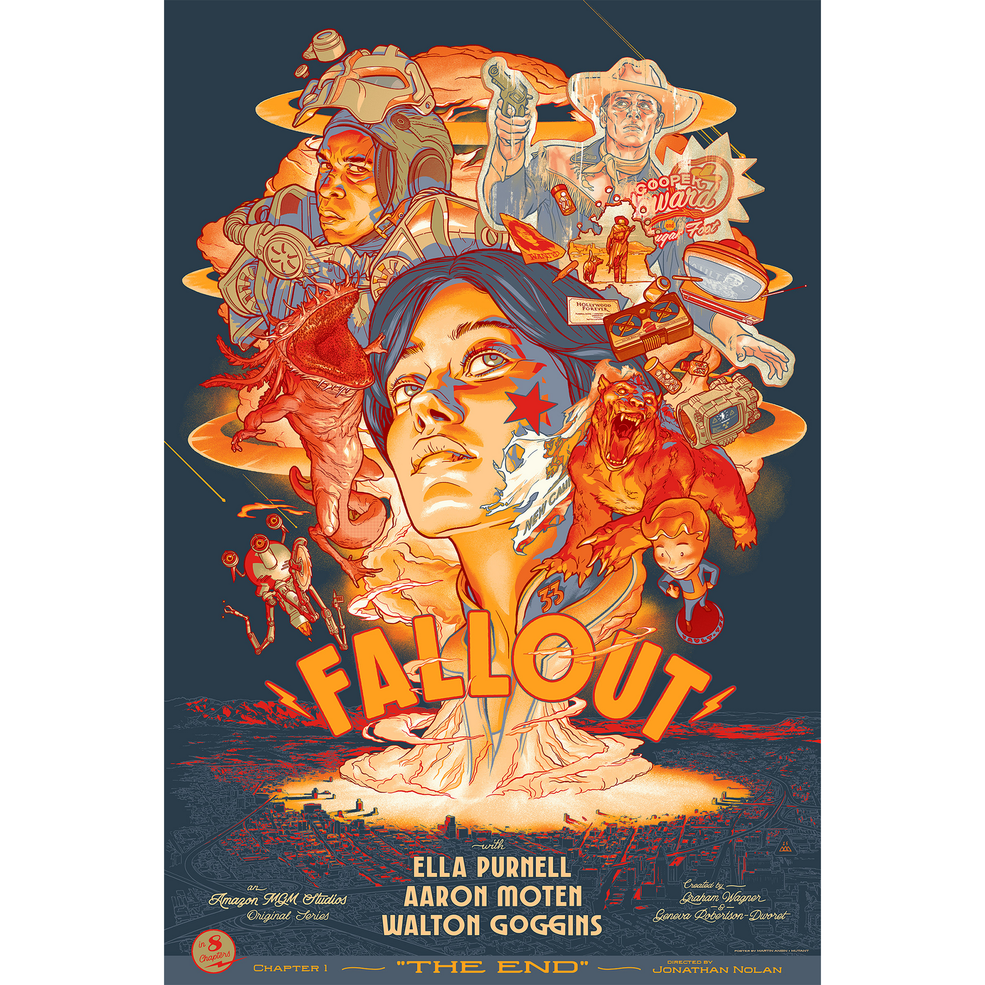 Colorful 'Fallout' book cover with characters and text on a dark background