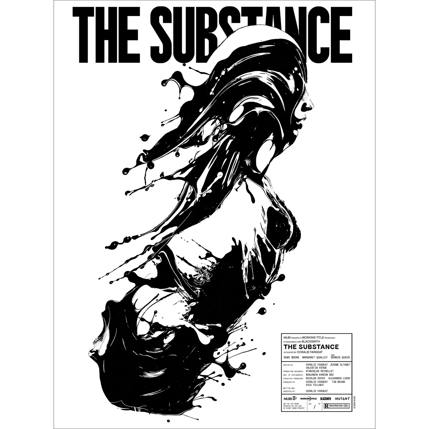 Black and white abstract design with 'The Substance' text on a white background