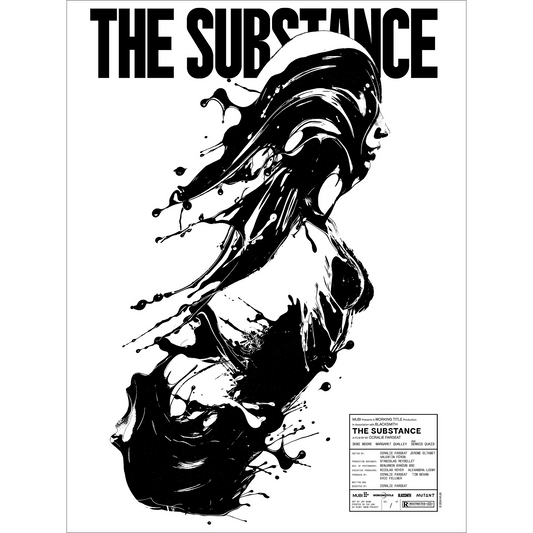 Black and white abstract design with 'The Substance' text on a white background