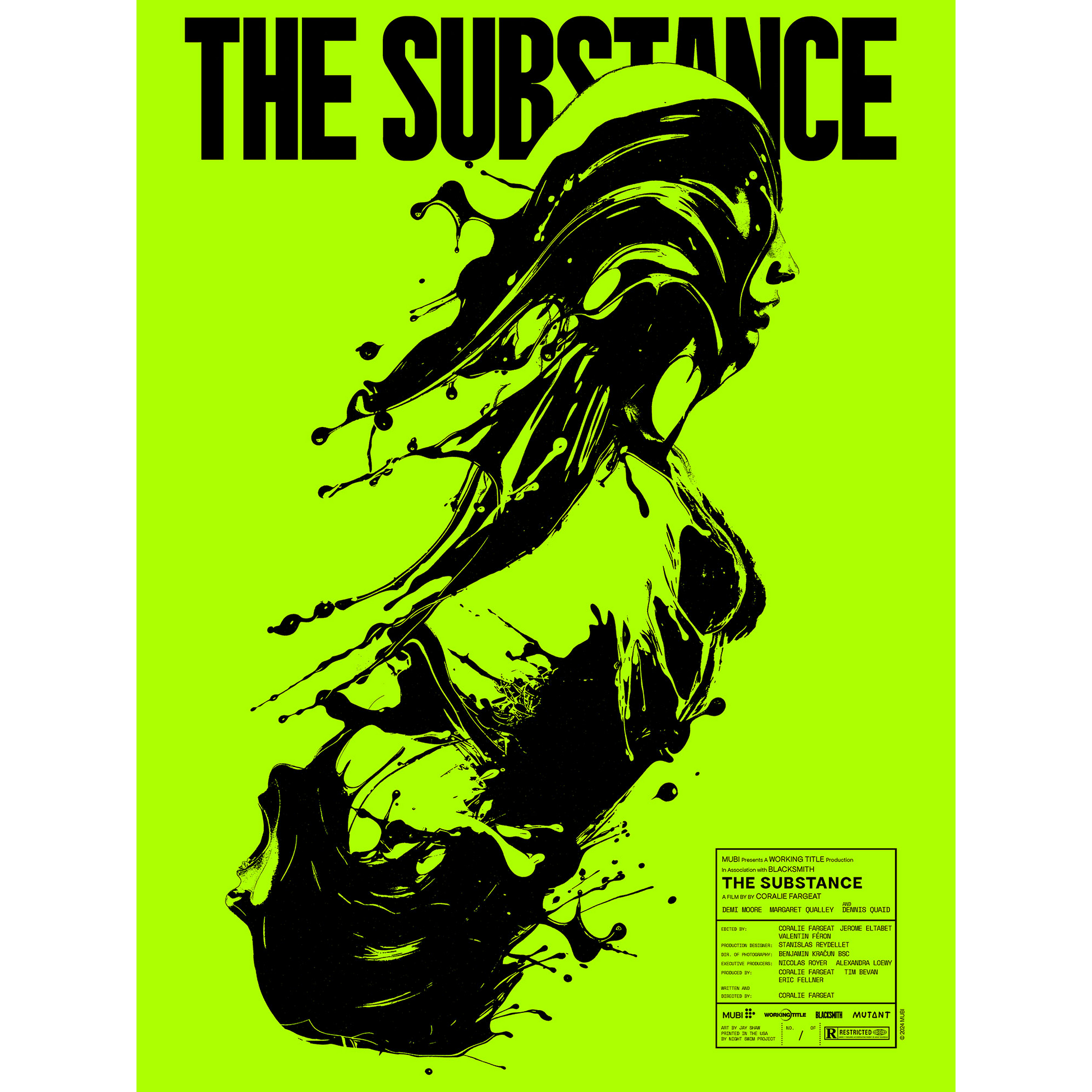 Poster with black abstract design on a bright green background, featuring the text 'THE SUBSTANCE'.