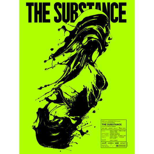 Poster with black abstract design on a bright green background, featuring the text 'THE SUBSTANCE'.