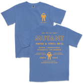 Blue t-shirt with yellow text and graphics on a white background