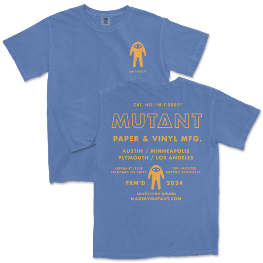 Blue t-shirt with yellow text and graphics on a white background