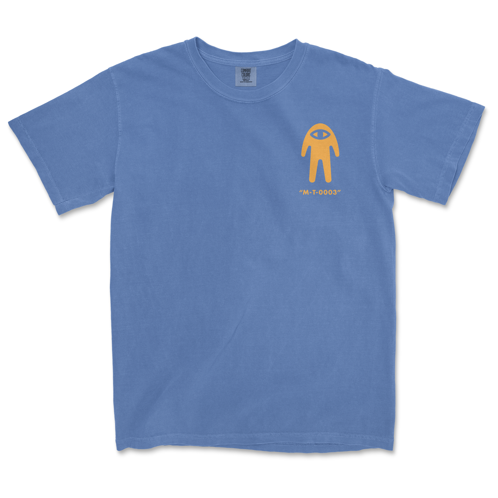 Blue t-shirt with a yellow graphic on a white background