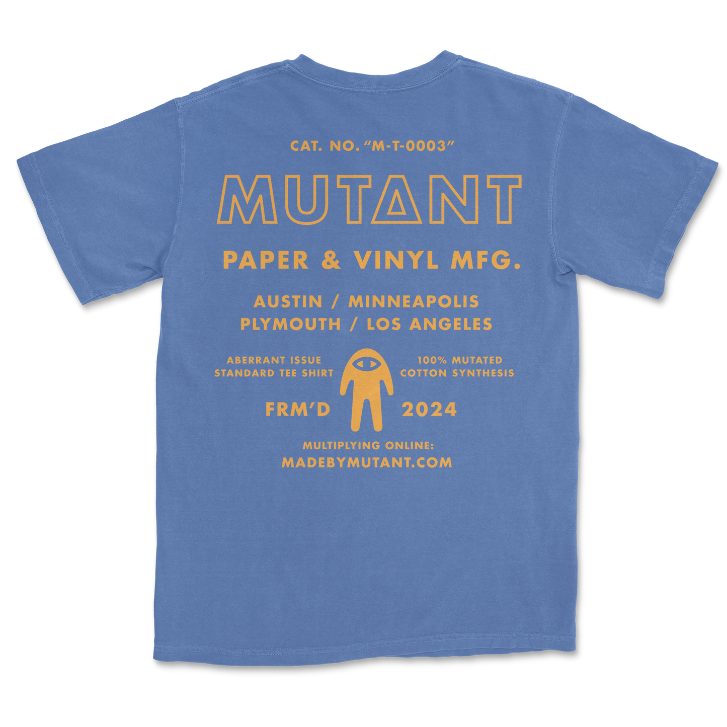 Blue t-shirt with yellow text and logo on the back, displayed against a white background.