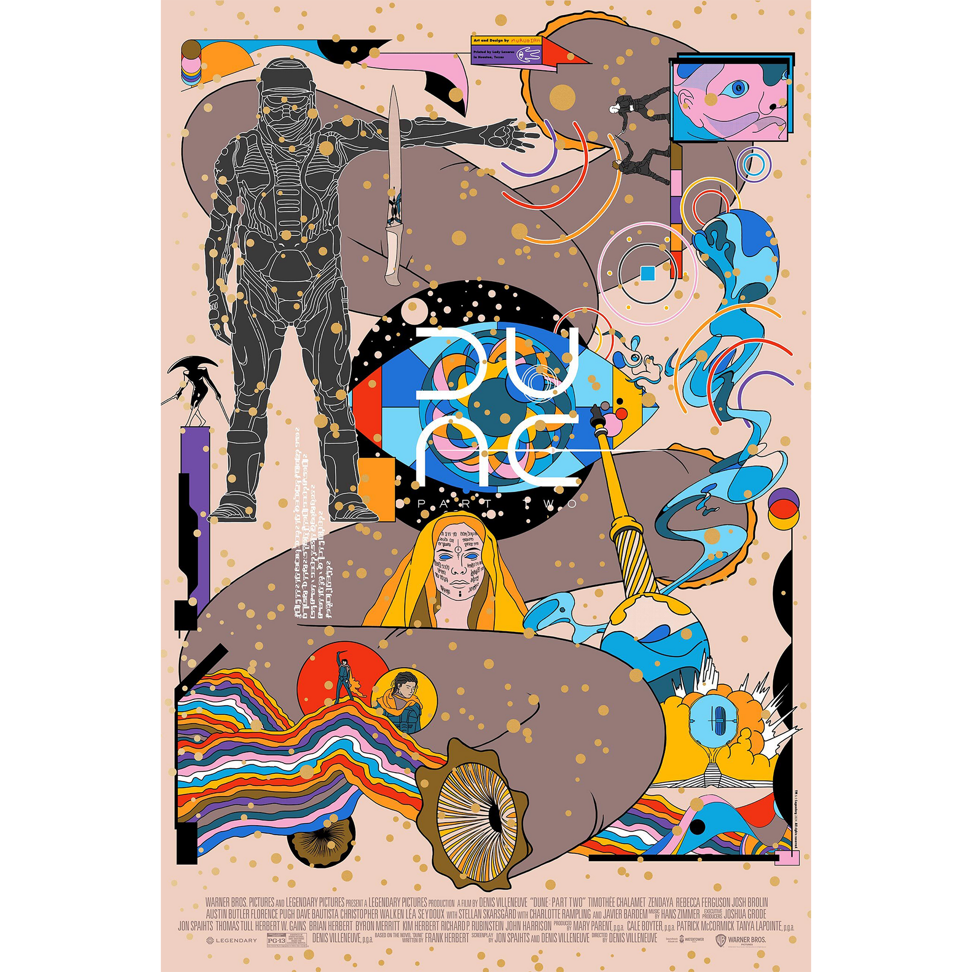 Colorful abstract artwork with various elements on a beige background