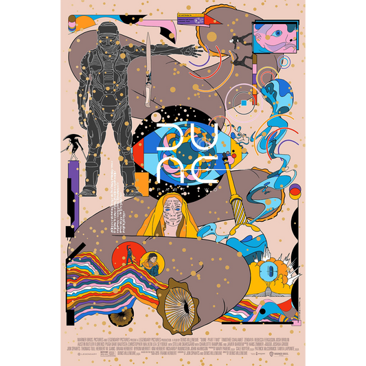 Colorful abstract artwork with various elements on a beige background