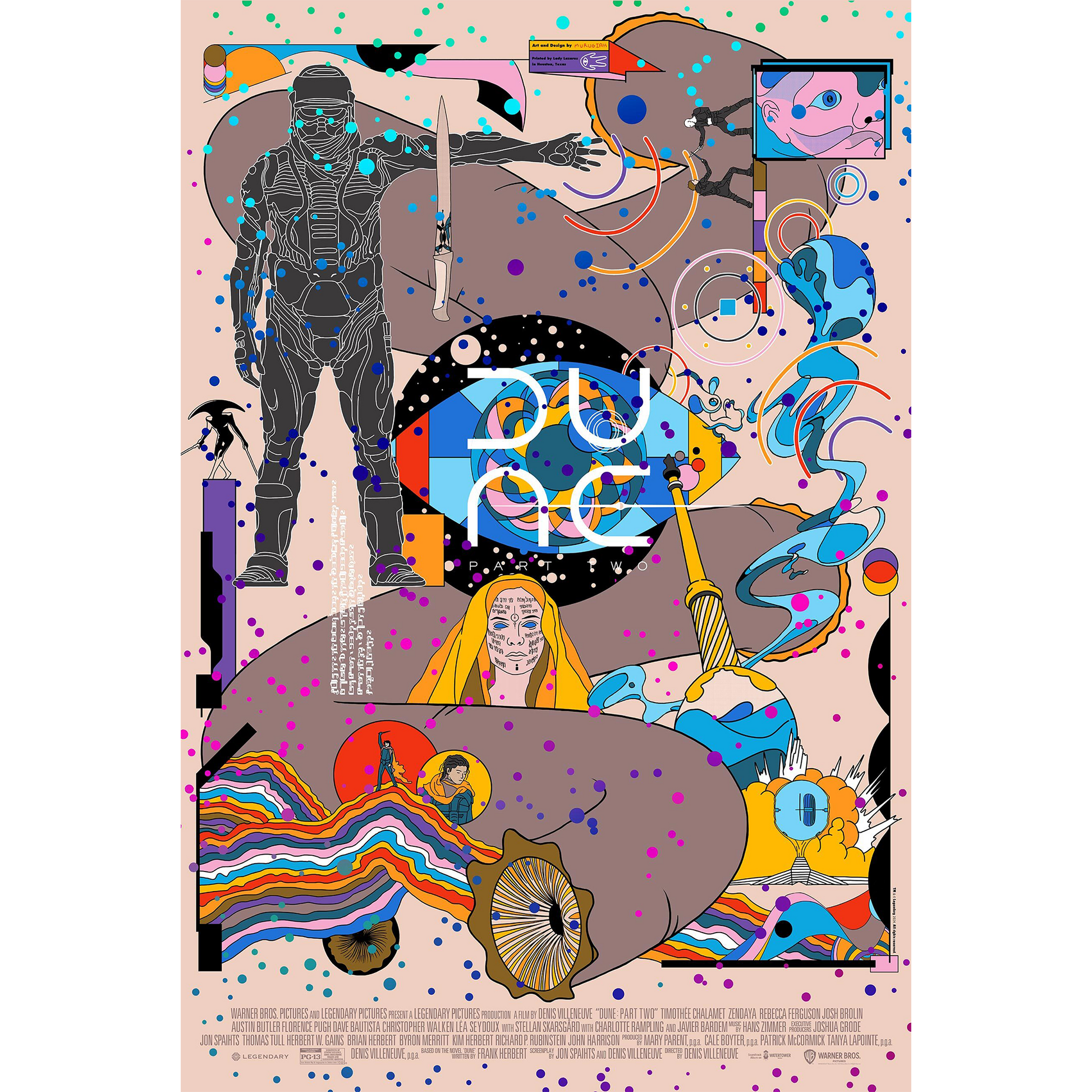 Colorful abstract artwork with various elements on a beige background