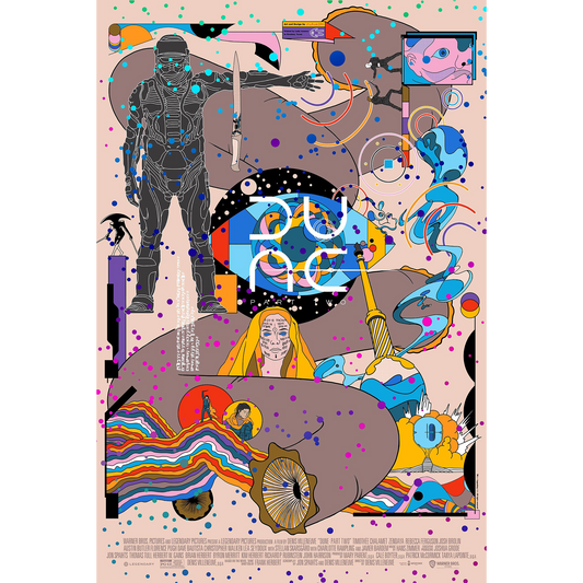 Colorful abstract artwork with various elements on a beige background